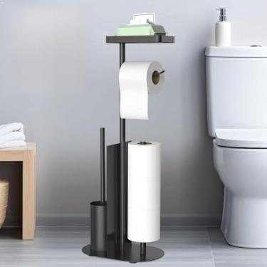 Imagem de Suporte de papel higiênico em pé com escova de vaso sanitário - Armazenamento para 4 rolos - Organizadores de banheiro, para papel higiênico grande (preto fosco)