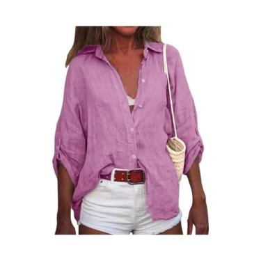 Imagem de Camisa Casual Solta De Verão Em Algodão E Linho Com Decote Em V E Mang