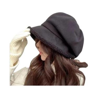 Imagem de Chapéu De Pescador Feminino De Inverno Em Veludo Grosso Com Aba Larga 