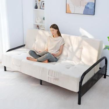 Imagem de MAXYOYO Colchão Futon tamanho casal de 20 cm com alças, sofá-cama dobrável tufada (moldura não incluída), colchão dobrável versátil para dormir no chão, sala de estar e quarto de hóspedes, bege