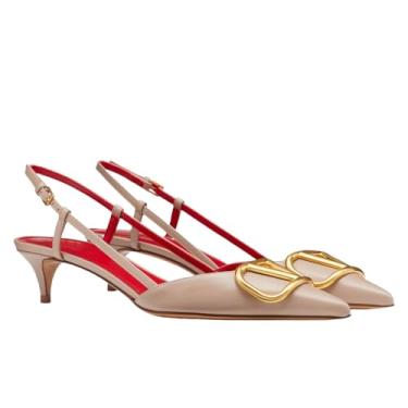 Imagem de CHEFDEER Salto gatinho Slingback feminino de couro envernizado, bico fino, salto baixo, sandálias de salto baixo para formatura, casamento, festa, Nude-ouro, 35