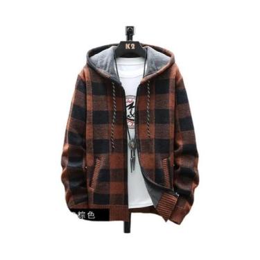 Imagem de Cardigã Masculino De Inverno Com Capuz, Estampa Xadrez, Jaqueta De Lã 