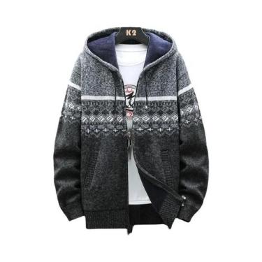 Imagem de Cardigã Masculino De Inverno Com Capuz, Estampa Xadrez, Jaqueta De Lã 