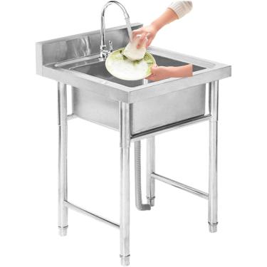 Imagem de Pia De Cozinha De Tigela única Pia Utilitária De Aço Inoxidável Com Torneira E Backsplash, Pia Independente Tanque De Lavanderia Para Reforma Comercial E Doméstica, Silver, 50x80cm