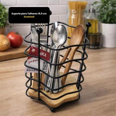 Imagem de Suporte para Talheres 15,5 cm Aço e Madeira Organização de Talheres De
