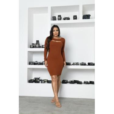 Imagem de Vestido Curto Manga Longa Recorte Oval no Decote - luh may, Marrom, M
