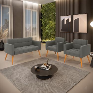 Imagem de Kit 1 Sofá Namoradeira e 2 Poltronas Elisa Suede Grafite Pés Palito Castanho D03 - D'Rossi