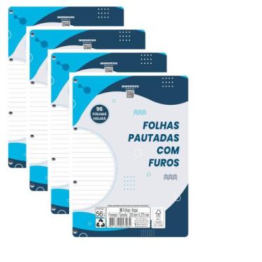 Imagem de Kit 4 Refil Fichário A4 Pautado 96 Folhas Cada c/ Furos - Animativa