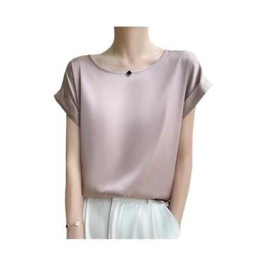 Imagem de Camisola Feminina De Seda Com Decote Redondo, Blusa Solta De Cetim Sem