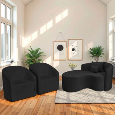 Imagem de Kit Recamier Curvo Sala De Estar Inglaterra 150cm Lado Esquerdo E 2 Poltronas Orgânica Luxo Luiza Max Bouclé Preto