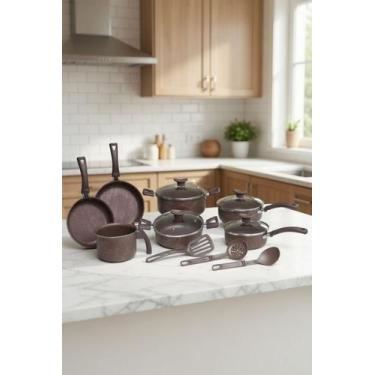 Imagem de Jogo De Panelas 10 Peças Antiaderente Marrom Alumínio Teflon - D'Itali