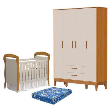 Imagem de Berço Americano Danny Com Colchão Ortobom E Guarda Roupa 4 Portas Flip Areia Savana Acetinado - Reller