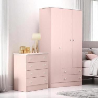 Imagem de Conjunto Infantil Aurora Rosa Acetinado: Cômoda 4 Gavetas Aurora + Gua
