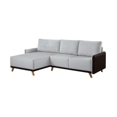Imagem de Sofá 5 Lugares Geribá com Chaise Esquerdo Linho Cinza Claro e Preto - 