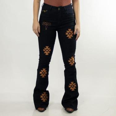 Imagem de Calça Jeans Feminina Preta Flare Bordada Brown Western Moda Country Ci