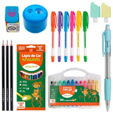 Imagem de Kit Material Escolar Giz De Cera Gel + Lapis de Cor + Marca Texto + Ca