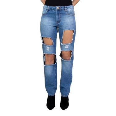 Imagem de Calça Jeans Destroyed Feminina Cintura Média Lady Rock, Azul, 42