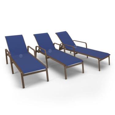 Imagem de Kit 3 Espreguiçadeiras Riviera Piscina Alumínio Marrom Tela - Aluv Móv
