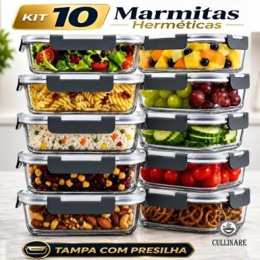 Imagem de Kit 10 Marmitas Vidro Hermético Fitness Freezer Microondas Cinza-escur