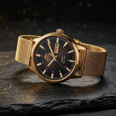Imagem de Relógio Masculino Orient 3 Estrelas Automático Aço Dourado Calendário 
