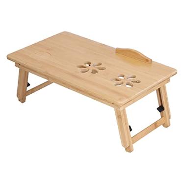 Imagem de Mesa de mesa de bambu dobrável para laptop multifuncional ajustável suporte para laptop de estudo simples mesa pequena servindo café da manhã bandeja de cama para mesas de casa e camas surfando leitura (grande)