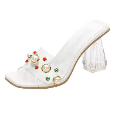 Imagem de Sandálias femininas transparentes com salto grosso slip on pérola casamento vestido de festa de noiva 8 cm, Transparente., 12