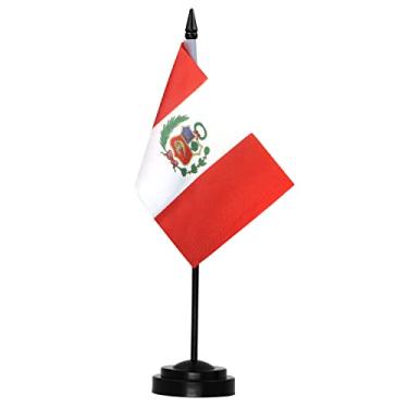 Imagem de Conjunto de bandeira de mesa de luxo Anley Peru - bandeira de mesa de PE peruana em miniatura de 6x4 polegadas com poste sólido de 12" - resistente ao desbotamento - base preta e topo de lança