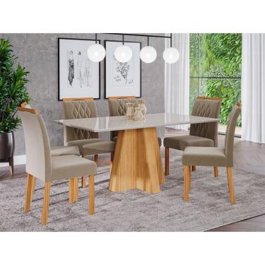 Imagem de Conjunto de Mesa de Jantar com Tampo de Vidro Off White Patrícia e 6 Cadeiras Juliana Suede Joli e Nature