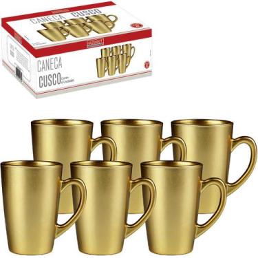 Imagem de Jogo De Caneca Vidro Cappuccino Dourado Com 6 Peças 200ml - Hauskraft