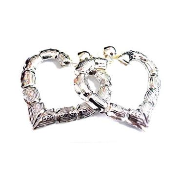Imagem de Brincos de pressão com coração grande, brincos de argola de bambu, tom prateado, 8,9 cm, Metal, Não conhecido