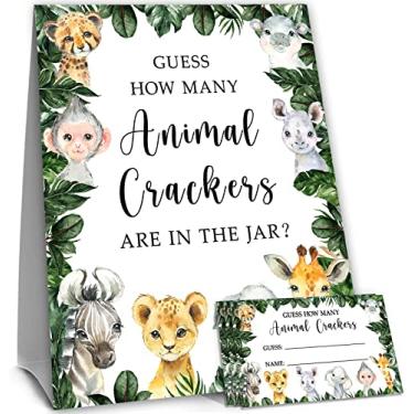 Imagem de Safari Guess How Many Animal Crackers Guessing Game, Selva Animais Adivinhando Cartas de Jogo, 50 Cartas e Placa Combinando, Animais Safari Jogo de Chá de Bebê
