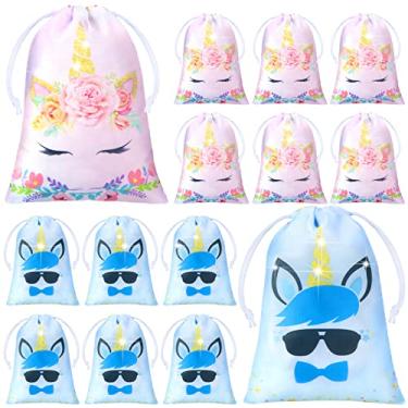 Imagem de 16 peças de sacolas de unicórnio com cordão para lembrancinhas de festa de unicórnio, sacos de presente para meninas, decorações de festa de unicórnio, sacos de doces, chá de bebê, prêmios de sala de aula
