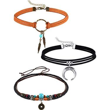 Imagem de Colares de gargantilha de camurça Hicarer com 3 peças de pena indiana americana feitos à mão de couro ajustável gargantilha turquesa gargantilha pingente de lua crescente gargantilha para mulheres acessórios