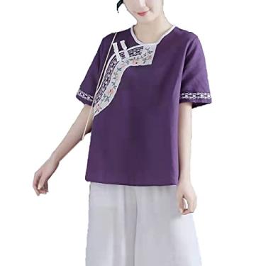 Imagem de Yajun Cheongsam camisa feminina chinês vintage bordado manga curta verão algodão solto macio confortável top blusas casuais, roxo, GG (64 kg)