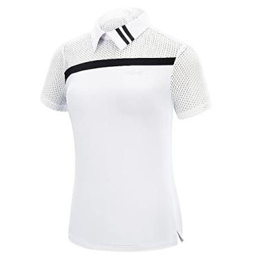 Imagem de Polo de golfe respirável verão mulheres esportes ao ar livre roupas de secagem rápida manga curta tops de malha fina camisa de lapela com zíper nas costas, branco, M (peito: 88cm)