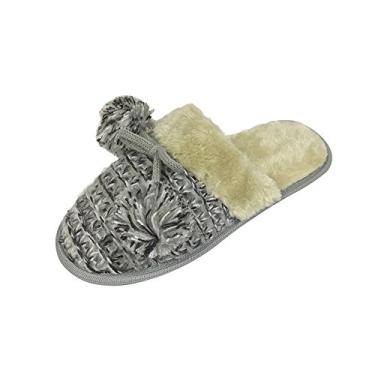 Imagem de G.C Womans Tech Pantufas femininas de malha de espuma viscoelástica com palmilha de pele e laço de pompom, cores sortidas, Cinza, 9-10