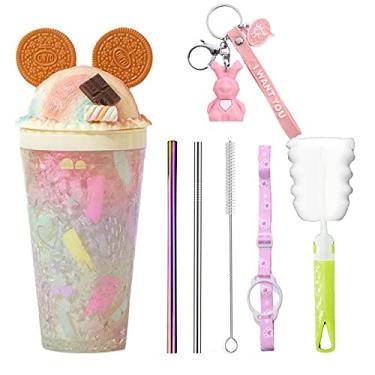 Imagem de Copo de viagem com canudo copo de festa, copo de gelo para congelador, caneca de piquenique (orelha amarela, 450 ml)