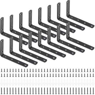 Imagem de Favordrory 16 peças de suporte de prateleira em forma de L, ângulo de 90 graus, fixação de suporte de junta de suporte de canto, suporte de prateleiras flutuantes de 12 x 7 cm, suporte para pendurar na parede com 96 parafusos e 32 peças de âncoras, preto