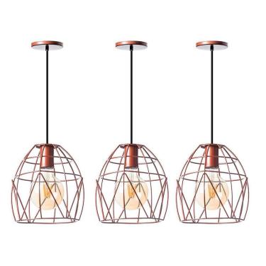 Imagem de Kit 3 Lustre Pendente Interno Aramado Bala 23Cm Cobre