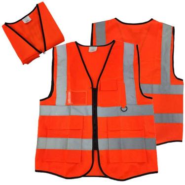 Imagem de Colete Faixa Sinalizadora Refletiva Blusao Fluorescente EPI Segurança Trabalho Transito Obra Construçao Guarda Ziper Bolsas Porta Cracha Caneta