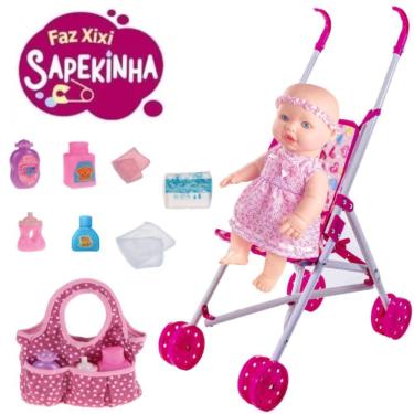 Imagem de Boneca Bebê Bebezão Sapekinha Faz Xixi + Carrinho e Bolsa