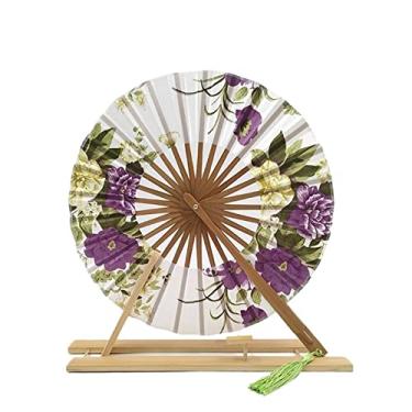 Imagem de Leque dobrável japonês Sakura flor bolso ventilador de mão dobrável círculo redondo decoração de festa presente moinho de vento ventilador dobrável de bambu acessórios decorativos feitos à mão (cor: 05)