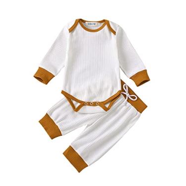 Imagem de Macacão infantil para meninos e meninas, primavera, outono, cor pura, com nervuras, 2 peças, conjunto de roupas infantis, Branco, 0-6 Meses