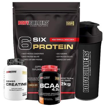 Imagem de KIT 6 Six Protein 2kg + POWER Creatina 100g + BCAA 100g + Coqueteleira - Bodybuilders Chocolate