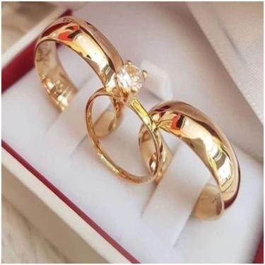 Imagem de Aliança Banhado Á Ouro 18K Abaulada O Par C/Anel Solitário C/Pedra De Zircônia Tamanho 28:30