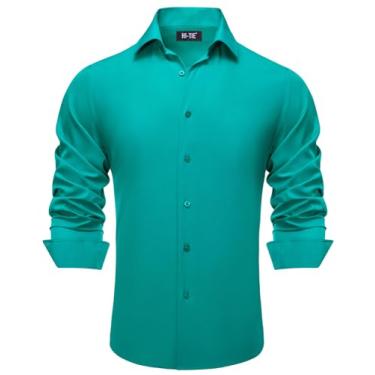 Imagem de Hi-Tie Camisa social masculina elástica em 4 direções, sem rugas, manga comprida, casual, abotoada, Azul turquesa, 3G