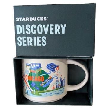 Imagem de Starbucks Caneca de café de cerâmica Discovery Series Chicago, 400 ml, branca e azul