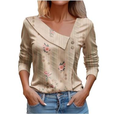 Imagem de Camisetas femininas com estampa floral, manga 3/4, comprimento 3/4, casual, elegante, gola assimétrica, camisetas estampadas vintage, Caqui, XXG