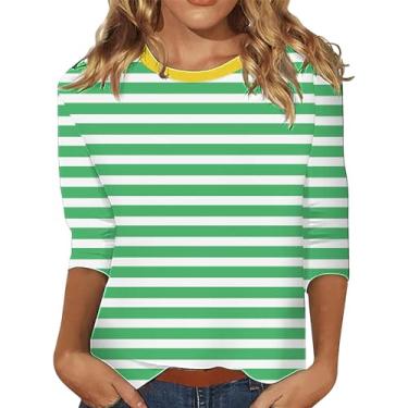 Imagem de Camisetas femininas listradas colorblock manga 3/4 comprimento gola redonda blusas casuais moda verão 2024 moda túnica elegante, X2 - Verde, 5G