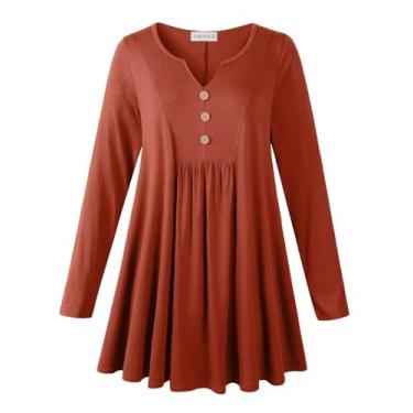 Imagem de LARACE Camisetas femininas de manga comprida, túnica plus size para usar com leggings, blusa feminina com gola em V, caimento solto, roupas de outono, Laranja escuro, 5X